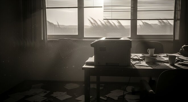 A grayscale office scene with a printer, papers, window light, and outside landscape view