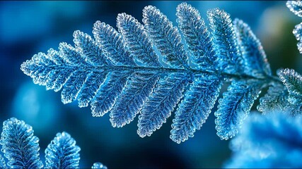 Close up of a frosty fern with detailed textures and icy blue tones