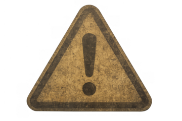 Vintage warning sign with exclamation mark, caution symbol indicating danger on transparent background