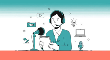 Online Broadcasting Illustration, Modern Podcast Content Recording And Educational Lectures