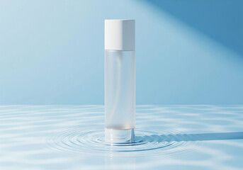 Blue bottle of cosmetic product with water splash on a blue background
