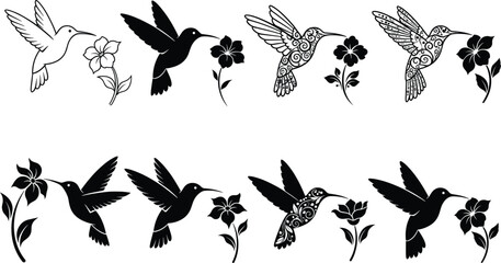 Stylized hummingbird silhouettes with flowers in varied poses and patterns for decorative nature, wildlife, floral, and artistic vector illustration themes © MSTMUNMUN