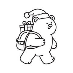 Cute Christmas Bear Wearing Santa Hat Carrying Gift Backpack Coloring Book Page. 