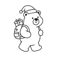 Cute Christmas Bear Wearing Santa Hat Carrying Gift Backpack Coloring Book Page. 