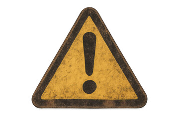 Distressed yellow triangular warning sign with a black exclamation mark. Concept of danger, hazard, and alert, isolated
