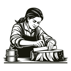 Powerful, expressive black and white image of a determined female artisan carving wood. Captures focus and traditional craftsmanship.