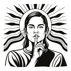 Intense, stylized black and white illustration of a person with a finger over their lips, signaling silence or secrecy. Powerful halo-like sunburst background.