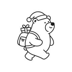 Cute Christmas Bear Wearing Santa Hat Carrying Gift Backpack Coloring Book Page. 