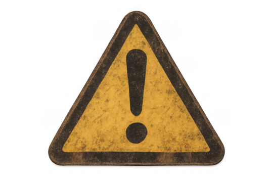 Distressed yellow triangular warning sign with a black exclamation mark. Concept of danger, hazard, and alert, isolated