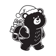 Cute Christmas Bear Wearing Santa Hat Carrying Gift Backpack Coloring Book Page. 