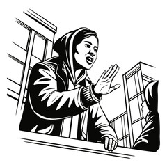 Powerful black and white illustration of a woman in a headscarf leaning out a window, speaking passionately or protesting with an urgent hand gesture in an urban or city setting.