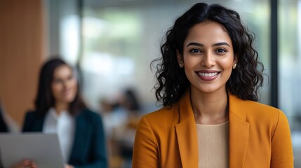 Obraz premium Confident, smiling businesswoman in a modern office exudes professionalism and success, ready to lead and innovate with a bright future ahead.