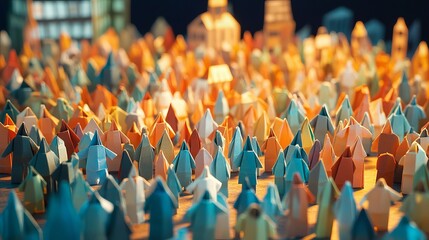 Fototapeta premium Vibrant crowd of colorful origami figures standing together creating a sense of community and togetherness in a warm, inviting atmosphere.
