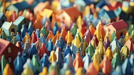 Fototapeta premium Vibrant origami figures and houses create a colorful, abstract community showcasing unity and diverse modern living spaces