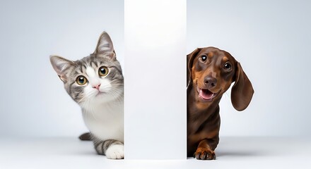 Pets looking around a clean white placard for copy space mockup.