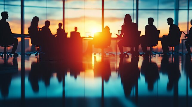 Diverse business team collaborates in modern office conference room during vibrant sunset creating powerful synergy and forward momentum