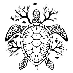 a sea turtle with coral or tree branch patterns emerging from its shell, surrounded by small fish, symbolizing marine life and environmental connection.