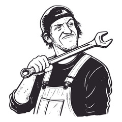Grumpy mechanic or handyman in overalls and a cap, holding a large wrench over his shoulder with a skeptical expression. Ideal for themes of service, repair, labor, and working class.