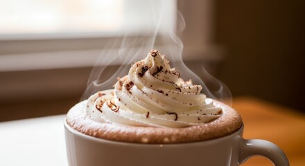 Steaming hot coffee or hot chocolate in a mug with whipped cream and chocolate sprinkles on a wooden table.