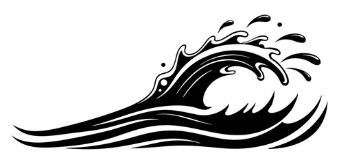 Bold, monochromatic ocean wave illustration with stylized foam and spray, conveying power, energy, motion, and a retro nautical aesthetic. Ideal for coastal themes.