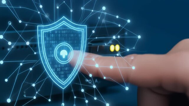 AI cybersecurity threat defense with digital shield protecting network and data through finger touch for advanced protection against cyberattack