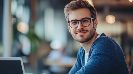 Confident young businessman with glasses smiling warmly at the camera while working on a laptop in a modern office environment