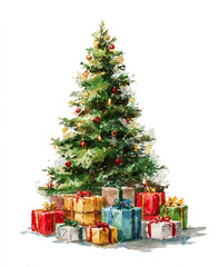 The image shows a beautifully decorated Christmas tree adorned with golden ribbons and ornaments. Around the base of the tree, there are several neatly wrapped gift boxes in gold and white, each tied 