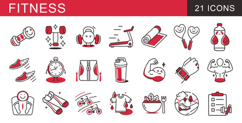 A comprehensive set of 21 line icons focused on fitness, gym equipment, weight loss, and healthy living. Includes symbols for weights, cardio, apparel, diet, and measurement with a vibrant red accent.