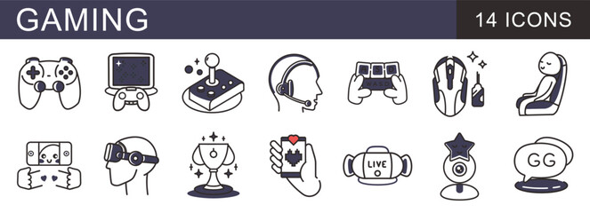 A versatile set of 14 linear icons representing the world of gaming and esports. Includes symbols for controllers, VR, streaming, PC peripherals, trophies, and competitive play with a dark, modern loo