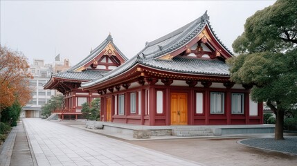 Naklejka premium Traditional Japanese Temple Building With Red Beams And Ornate Golden Roofs Covered In Light Snow Under A Cloudy Sky With Autumn Foliage Visible On The Left And A Tall Tree On The Right