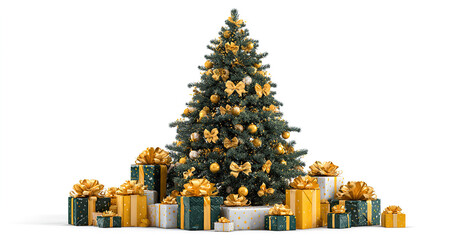 The image shows a beautifully decorated Christmas tree adorned with golden ribbons and ornaments. Around the base of the tree, there are several neatly wrapped gift boxes in gold and white, each tied 