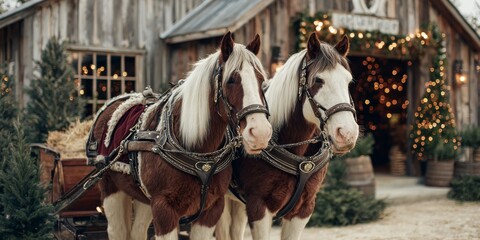 Beautiful draft horses stand ready for a winter carriage ride outside a rustic barn decorated for the holidays