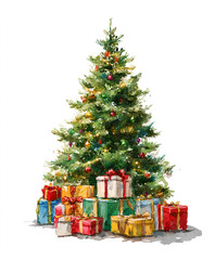 The image shows a beautifully decorated Christmas tree adorned with golden ribbons and ornaments. Around the base of the tree, there are several neatly wrapped gift boxes in gold and white, each tied 