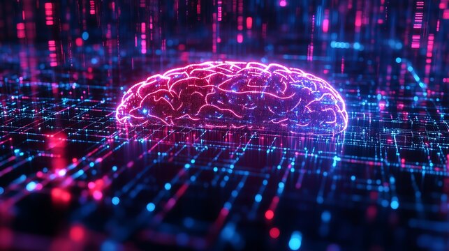 Stunning neon digital brain illuminates data network, symbolizing artificial intelligence and futuristic technology