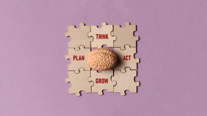 Brainstorming and Strategy Cycle Concept: Think, Plan, Act, and Grow Puzzle with Brain Model