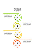 A business infographic, vertical timeline infographic template with four steps, featuring a linear layout, icons in circular frames, and a vibrant green-to-orange gradient. Vector illustration.