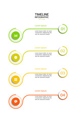 A business infographic, vertical timeline infographic template with four steps, featuring a linear layout, icons in circular frames, and a vibrant green-to-orange gradient. Vector illustration.