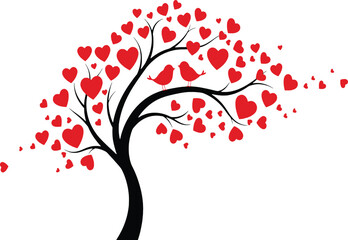 Stylized Tree with Red Heart Leaves and Two Birds on a Branch hearts love
