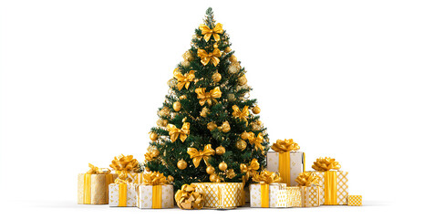 The image shows a beautifully decorated Christmas tree adorned with golden ribbons and ornaments. Around the base of the tree, there are several neatly wrapped gift boxes in gold and white, each tied 