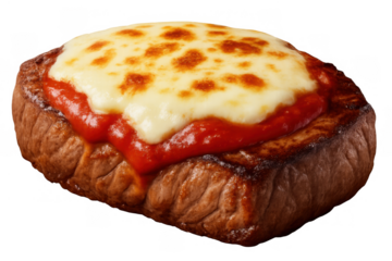 Grilled steak parmigiana with melted mozzarella cheese and tomato sauce, italian-american comfort food isolated on transparent background