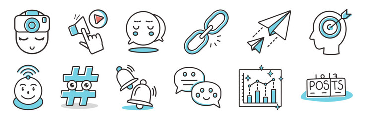 Set of 15 cute, modern line icons for Social Media, Digital Marketing, and communication. Includes symbols for engagement, content creation, analytics, networking, and online trends