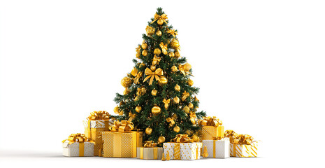 The image shows a beautifully decorated Christmas tree adorned with golden ribbons and ornaments. Around the base of the tree, there are several neatly wrapped gift boxes in gold and white, each tied 