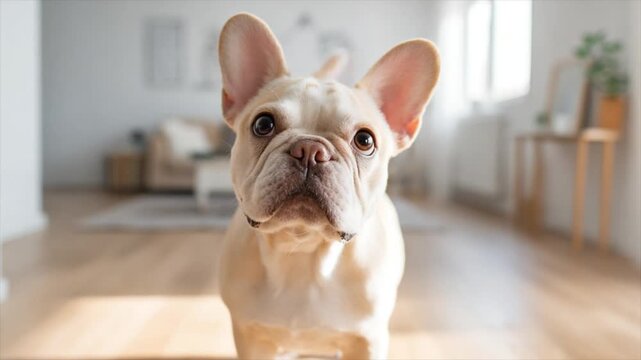 an adorable cream-colored french bulldog with its head tilted and ears perked