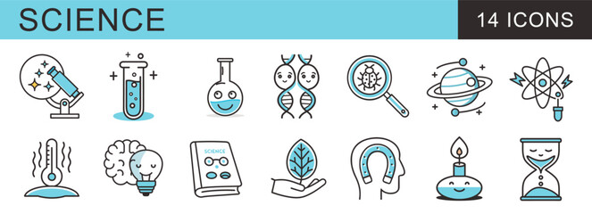 Set of 14 line icons for Science, Research, and education. Symbols include telescopes, test tubes, DNA, magnifying glasses, physics, and new ideas with a clean, modern design and blue accents.