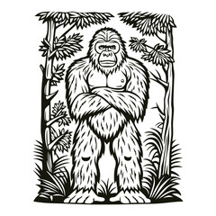 Intense black and white illustration of a powerful, furry Bigfoot or Yeti with crossed arms, standing deep in a dense forest or jungle, framed by trees and foliage.