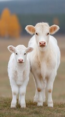 Obraz premium Pastoral Scene of a Mother Cow and Her Calf Standing Together in a Field with Autumn Trees in the Background