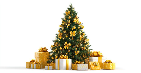 The image shows a beautifully decorated Christmas tree adorned with golden ribbons and ornaments. Around the base of the tree, there are several neatly wrapped gift boxes in gold and white, each tied 