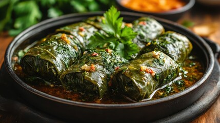Stuffed grape leaves in a pan, delicious food, ready to eat