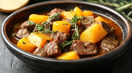 Hearty Beef and Butternut Squash Stew, rustic bowl, dark background