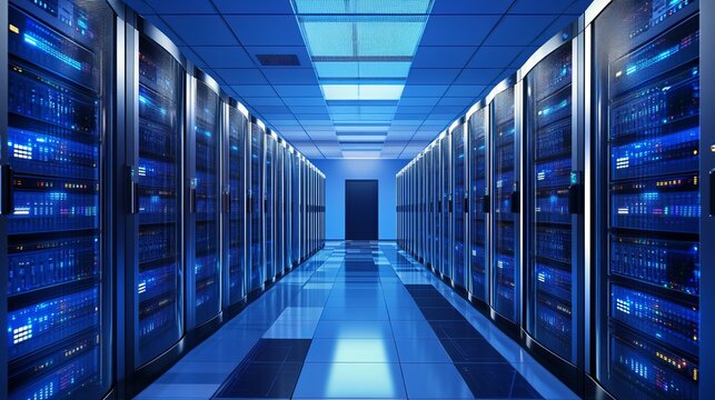 Vast futuristic server room with glowing blue lights and rows of data racks creating a modern technology hub for digital innovation